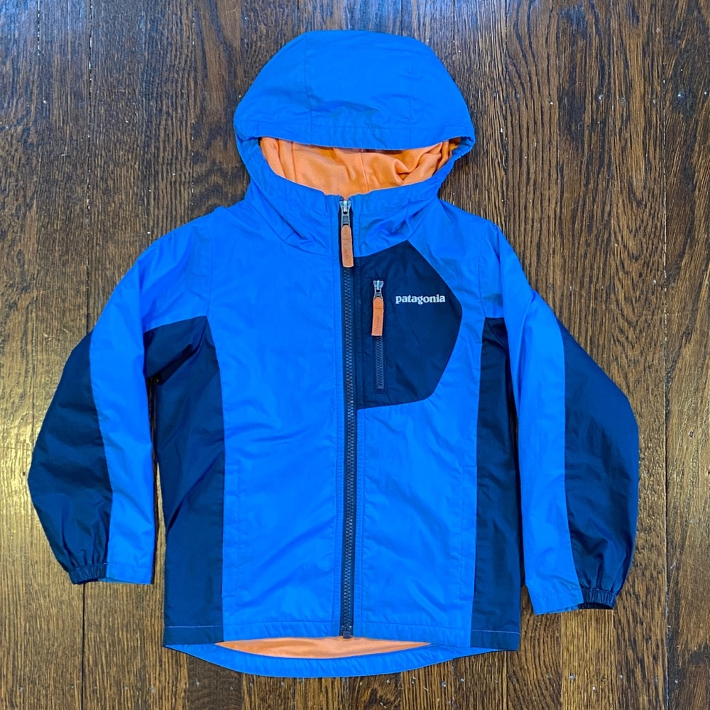 Patagonia Lined Kids' Raincoat in Blue with Orange Accents